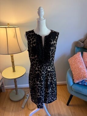 Connected Apparel Black and Cream Animal Print Ruffle Front Sleeveless Dress